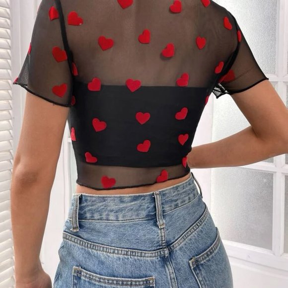 Heart Print Mock Neck Crop Mesh Top Without Bra - Picture 4 of 4